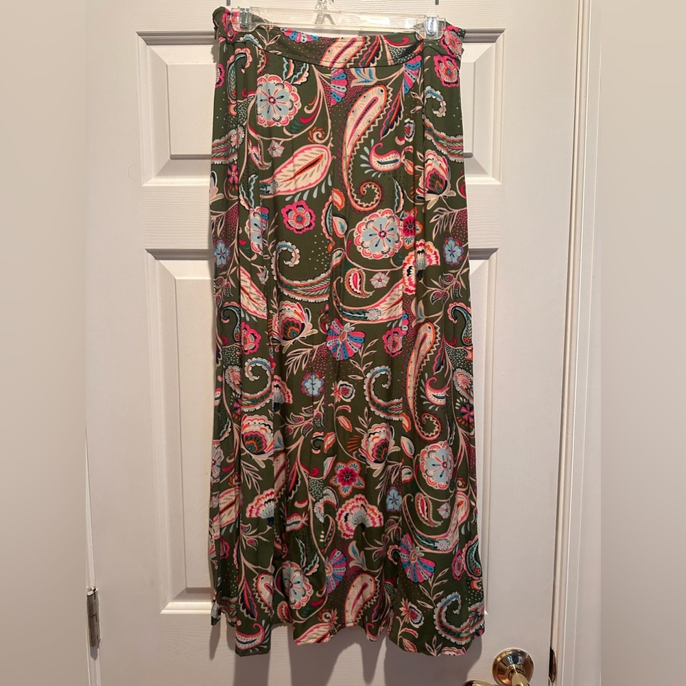 LOFT Paisley Seamed Button Midi Skirt in Rocky Olive